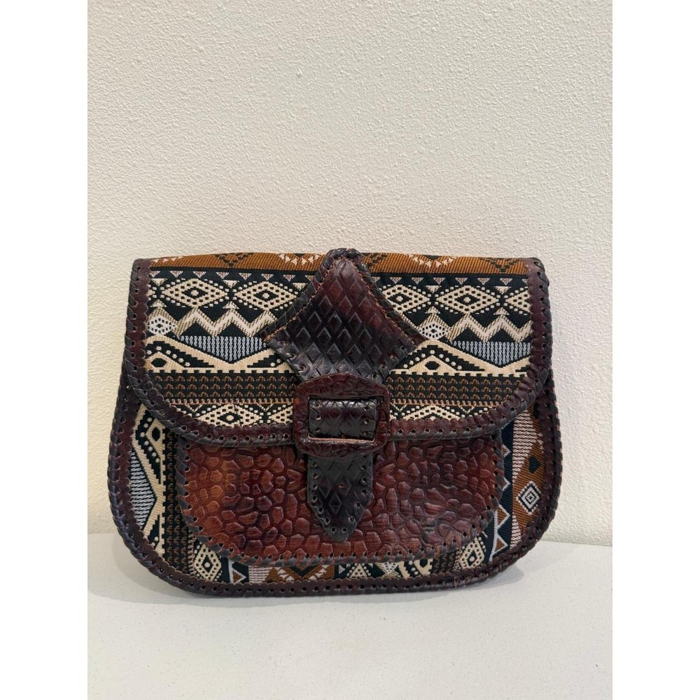 Artisan Tooled Leather Woven Tapestry Crossbody Bag Boho Geometric Saddle Bag